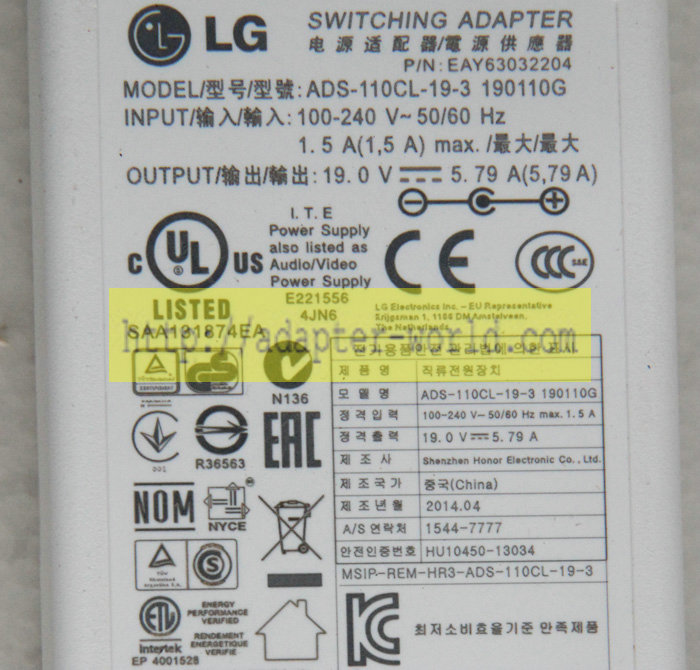 *Brand NEW* LG 19V 5.79A (110W) ADS-110CL-19-3 190110G AC DC Adapter POWER SUPPLY